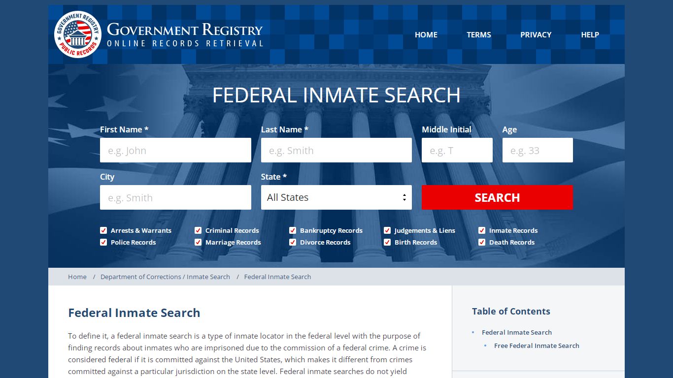 Search for Federal Inmates - GovernmentRegistry.Org